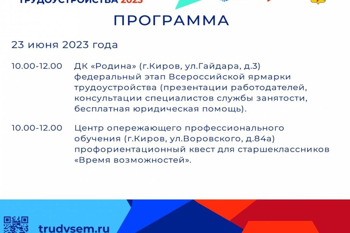 В Кировской области стартует федеральный этап Всероссийской ярмарки  трудоустройства «Работа России. Время возможностей» | 21.06.2023 | Киров -  БезФормата